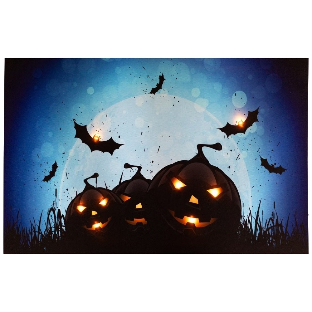Halloween LED Light Up Canvas Wall Art Jack-O-Lantern Pumpkins Bats Moon Decor